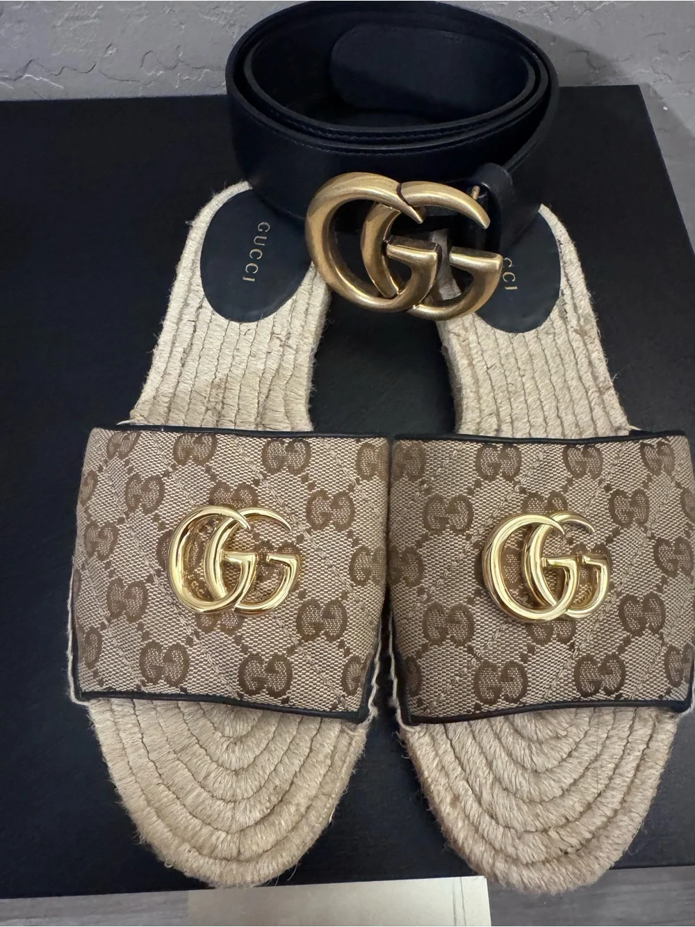 Gucci Beige Brown Canvas GG Espadrille Slides with Gold Hardware matching belt